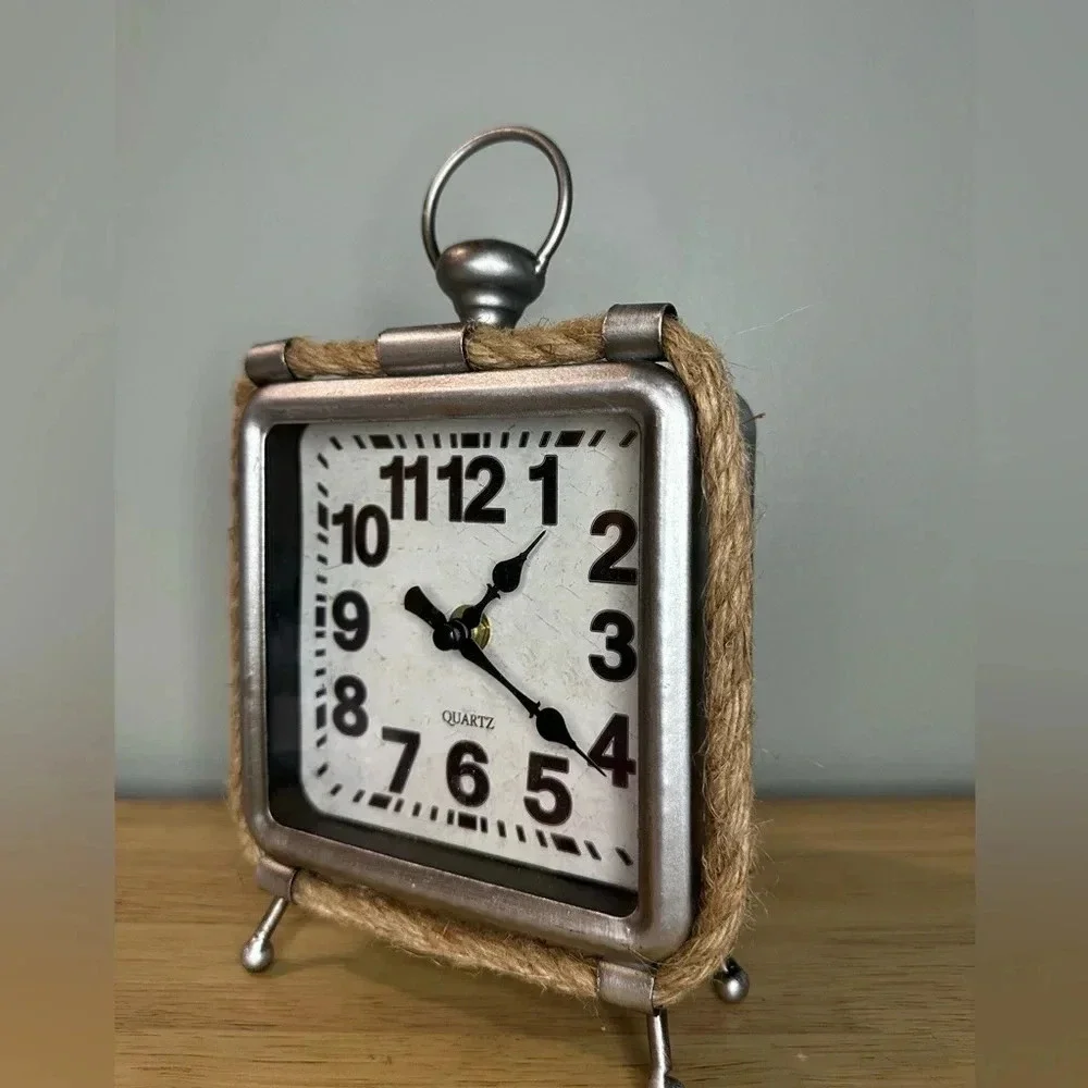 Farmhouse style analog desktop clock rope trim battery operated‎